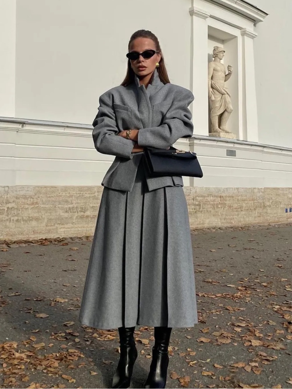 Commense Gray Structured Pleated Midi Skirt Set